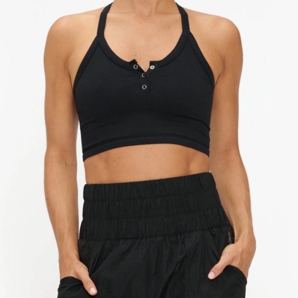 Free People Free Throw Henley Crop Top Black NWT